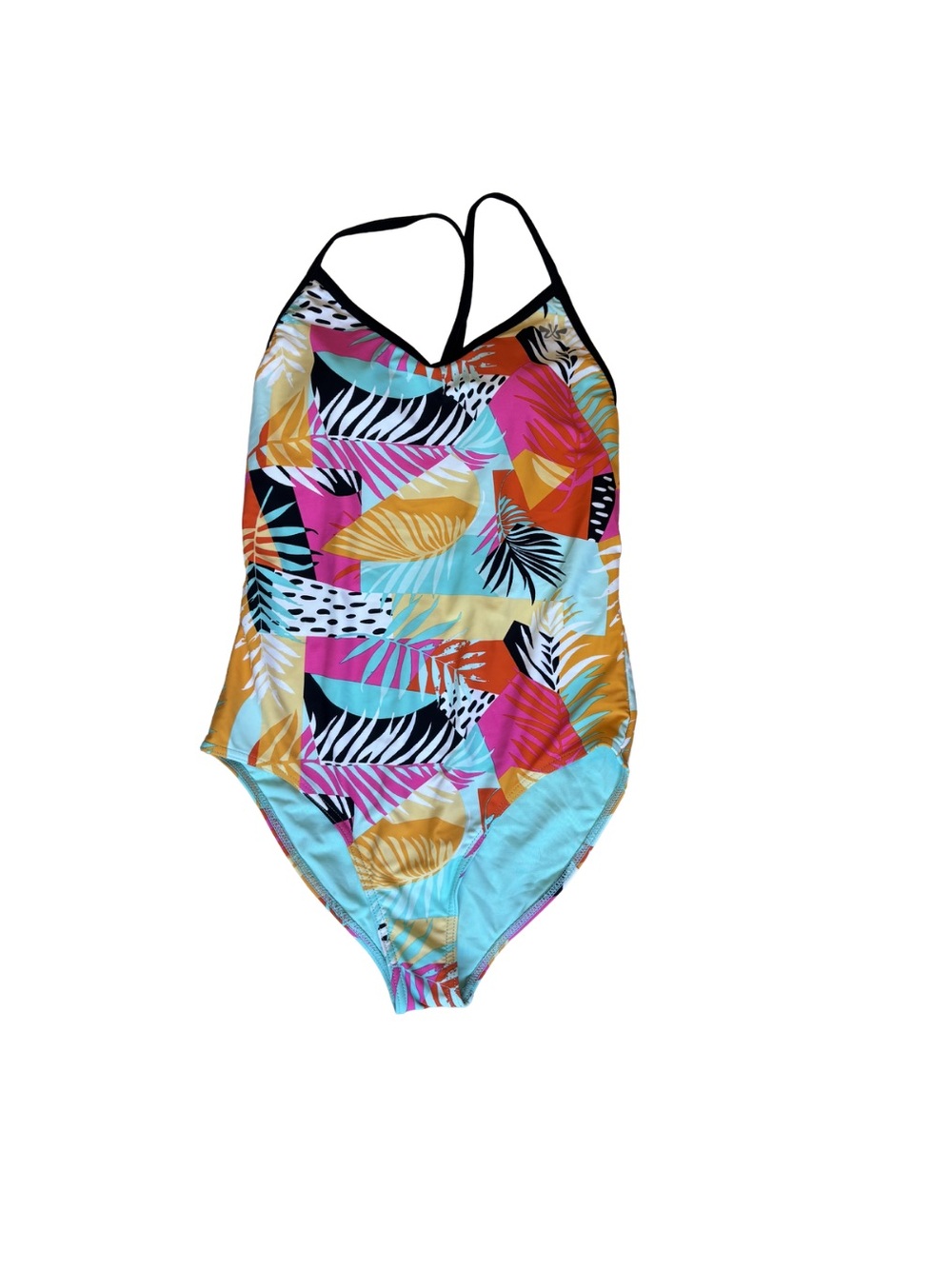 Kids Tropical Leaf One-Piece Swimsuit in Turquoise, Pink & Yellow - Active Back